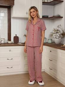 SHEIN Doze Lane 条纹领短袖睡衣套装 - 紅色 - 查看 3