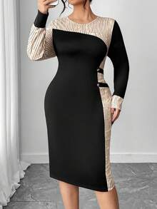 Elenzga Women's Sexy Long Sleeve Bodycon Dress Plus Size Round Neck Knitted Midi Dress With Split Hem And Golden Button Details - Multicolor - View 3