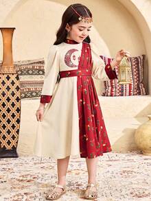SHEIN 少女碎花修身圆领雪纺连衣裙，适合姐妹装、日常穿着、节日庆典、家庭聚会和特殊场合，春夏季节穿着，度假必备。 - 酒紅色 - 查看 2