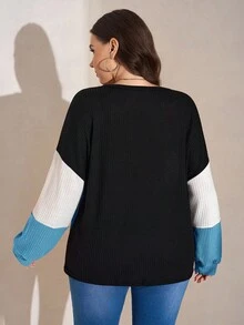 SHEIN LUNE Plus Size Casual Contrast Color Round Neck Lantern Sleeve Sweatshirt, Autumn Plus Size Fall Clothes - Teal Blue - View 2