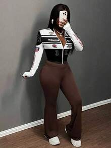 Slaydiva 简约休闲女式秋冬弹力长袖半领拉链外套/紧身长袖/女士秋季/Y2K/街头风/外出/F1赛车图案 - 彩色 - 查看 5