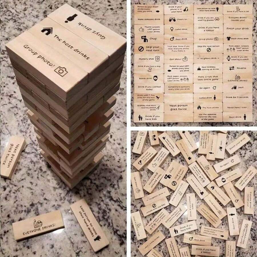 48pcs Party Drinking Game - Rolling Tower Blocks, Wooden Stacking Blocks, Party Drinking Water Rolling Tower Game, Traditional Games Use Brick Towers For Parties - 48 Items - View 1