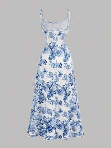 SHEIN Girlism Bộ đồ nữ tuổi teen gồm áo khoác tay loe họa tiết jacquard và váy slip họa tiết hoa nhí, phong cách ngọt ngào, giản dị và thanh lịch. - Màu xanh lam - Xem 6