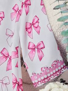 SHEIN Baby Girl's White And Pink Long-Sleeved Dress,Cute Bow Print V-Neck,Autumn Party Arabic Abaya,Elegant Loose-Fitting Prayer Dress For Spring - Pink - View 5