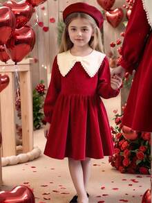 Elladie kids 秋季少女柔软舒适长袖亮片仿珍珠领连衣裙，优雅百搭的红色连衣裙适合各种场合：圣诞节、聚会、派对、生日、庆典、活动、春/秋/冬 - 紅色 - 查看 7