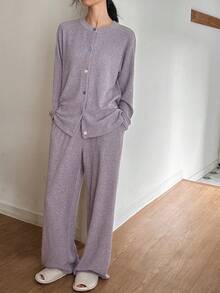 DAZY Ensemble de pyjama en tricot moelleux multicolore avec boutons décoratifs, automne/hiver pour femmes - Prune - Voir 6