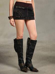 ROMWE EDITION 复古性感超低腰针织拼接裹身迷你裙 - 彩色 - 查看 10