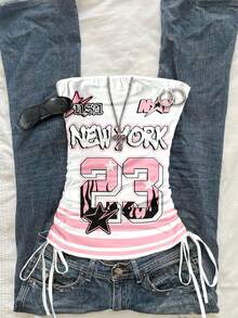 SHEIN EZwear 女款紐約字母與數字23印花抽繩抹胸上衣，白色與粉色，夏季街頭風Y2K，夜店休閒緊身打結時尚復古背心 - 彩色 - 查看 5