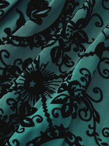 ROMWE Gothic Palace Style Halloween Party Flocked Cross Floral Pattern Mesh Patchwork Lace-Up Waist Women Top - Dark Green - View 4