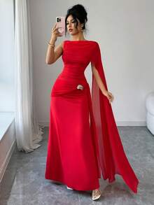 Elenzga Women's Elegant Ruched Metal Decor Party Dress, Sleeveless A-Line Cocktail Gown, Red, Spring/Summer - Fiery Red - View 6