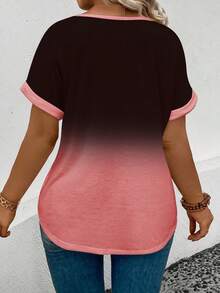 EMERY ROSE Plus Size V-Neck Flipped Cuff Front & Back Ombre Print Digital Printed T-Shirt, Fashionable Casual - Multicolor - View 2