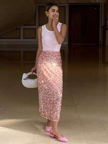 Falda con abertura lateral elegante con adornos de lentejuelas para mujeres, ideal para Navidad, Año Nuevo y Carnaval - Rosa - Ver 2