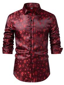 Manfinity Roughcore Men's Floral Print Single-Breasted Casual Long Sleeve Shirt - Red - View 7