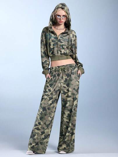 J-Fashion Ensemble sweat-shirt décontracté avec camouflage, orné de strass et de motifs vintage de champignons