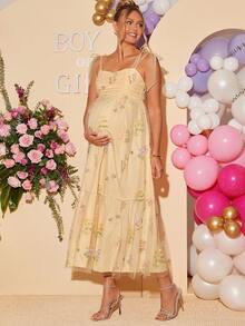 Loomaby Đầm hai dây thanh lịch thêu hoa bằng vải lưới xếp nếp dành cho bà bầu - Màu vàng - Xem 1