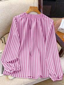 Linhara Plus Size Women's French Striped Puff Sleeve Round Neck Metal Button Shirt - Pink - View 2