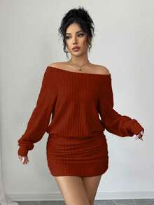 SHEIN PETITE 娇小女式休闲百搭露肩罗纹长袖短款修身连衣裙，适合秋冬季、感恩节、新年等场合。 - 紅色 - 查看 3