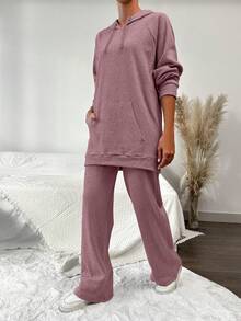 SHEIN Cottnline Women's Solid Color Raglan Sleeve Drawstring Hooded Sweatshirt And Pants Casual 2 Pieces Set - Rusty Rose - View 5