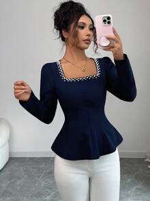 Elenzga Women's Solid Color Square Collar Pearl Decor Waist Cinched Long Sleeve Blouse, Autumn - Navy Blue - View 5