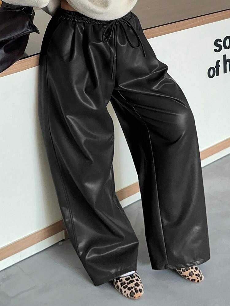 Dazy Plus Plus Size Women Loose Straight Leg PU Leather Pants With Drawstring Waist, Casual Street Style, Suitable For Autumn/Winter