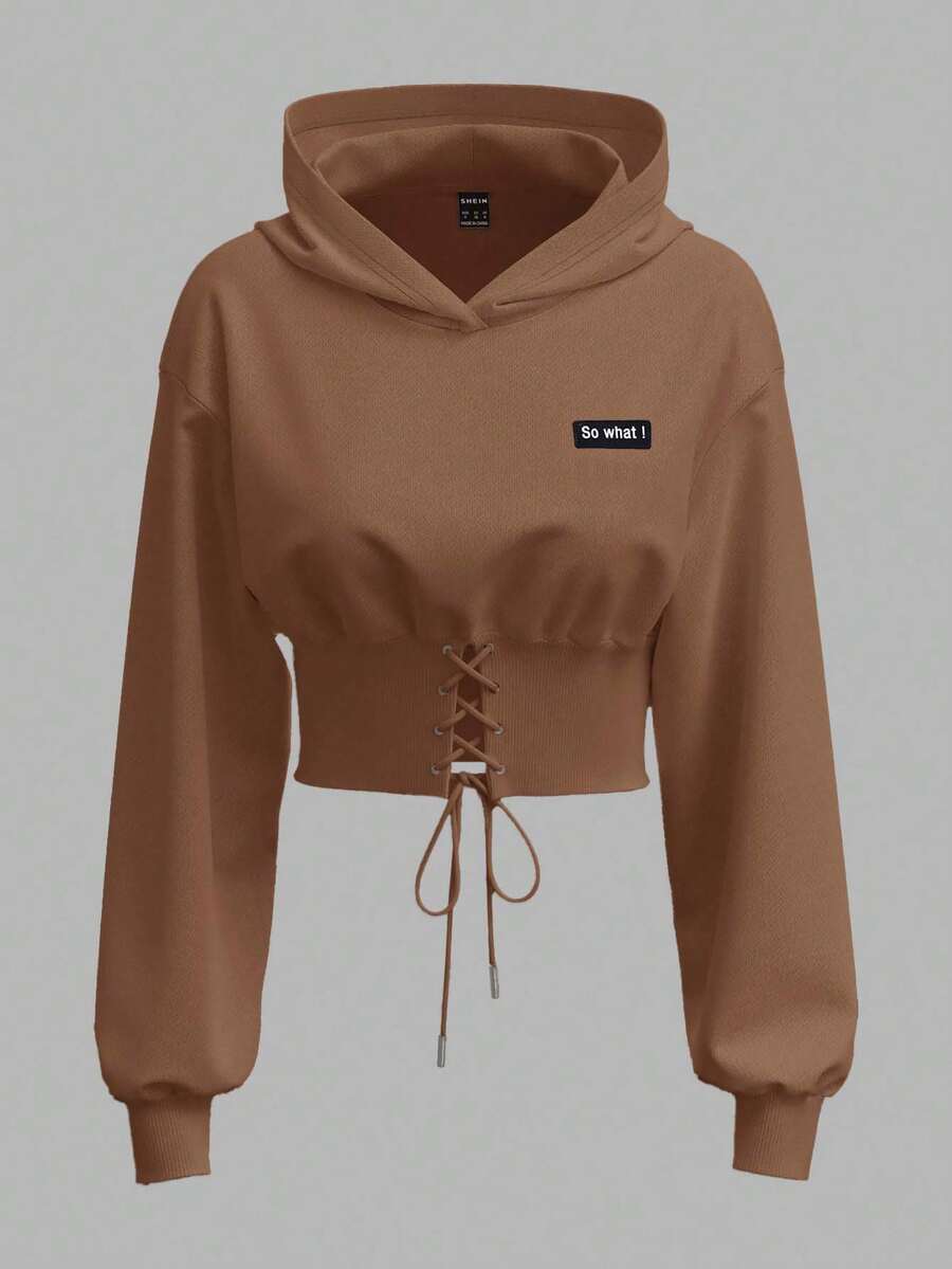 SHEIN EZwear White Knitted Ladies' Sweatshirt, Long Sleeve Tops In Fall/Winter Brown Hoodie Brown Clothes Drawstring Hoodie Cropped Sweatshirt Cropped Hoodie - Brown - View 1