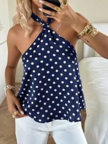 SHEIN EZwear Women's Casual Vacation Halter Neck Tie Polka Dot Blouse - Navy Blue - View 3