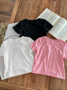 3pcs Young Girl Cartoon Pattern Solid Color Round Neck Short Sleeve T-Shirt, Casual Summer Girl Graphic Tees 4t Princess Shirts - Multicolor - View 2