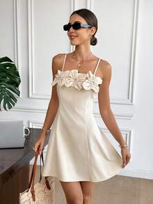 Serisse 女士休闲纯色3D立体花卉装饰吊带连衣裙，夏季 - 杏色 - 查看 7