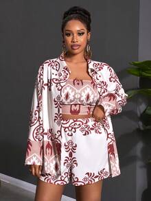 Veslaya Women's Plus Size White Boho 2-Piece Set,Summer Holiday Vacation Loose Long Sleeve Shirt Cardigan,Fitted Cropped Camisole Top&Shorts Outfits For Party - Multicolor - View 6