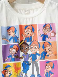 Blippi X SHEIN Áo thun ngắn tay cổ tròn in hình hoạt hình bé gái, thích hợp cho mùa hè. - trắng - Xem 3