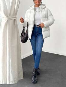 Women's Solid Color Long Sleeve Zipper Front Casual Drawstring Hooded Winter Jacket - Cream - View 5
