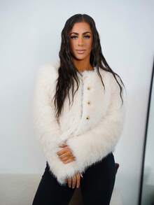 SAYEHFBABY Women's Solid Color Long Sleeve Single-Breasted Loose Casual Faux Fur Jacket - Apricot - View 6