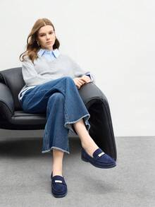 CUCCOO BIZCHIC 女士时尚蓝色绒面革金属扣舒适休闲乐福鞋，适合通勤、户外活动、购物、工作、日常穿着 - 藍色 - 查看 8