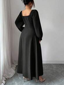 Elenzga Große Größen Elegantes Maxikleid für Damen mit Bateau-Ausschnitt, Puffärmeln und geraffter Taille, geeignet für den täglichen Gebrauch - Schwarz - Übersicht 4