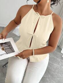 Elenzga Plus Size Women Solid Color Bow Decor Fashion Halter Neck Tank Top - Apricot - View 6
