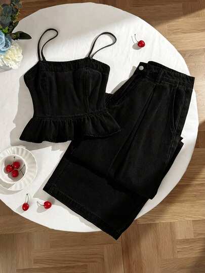 Comfortcana Conjunto de top de tirantes de mezclilla informal con dobladillo con volantes y pantalones para mujer