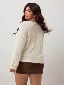 SHEIN Unity Plus Size Women Solid Color Knit French Fuzzy Sweater, Bow Tie Front Design, Suitable For Casual, Home, And School Wear, Autumn/Winter, For Apple Rounded Body Shape - Apricot - View 2