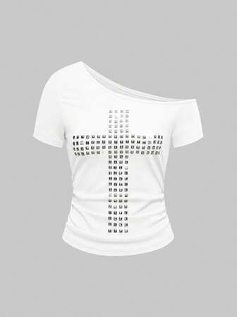 Grunge Punk T-shirt aderente monocromatica versatile con spalla obliqua, rivetti e dettagli punk stile Y2K/Kpop