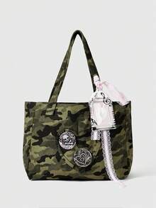 ROMWE Kawaii 1 Túi tote trái tim dung tích lớn họa tiết camo Y2K màu xanh ô liu có ren hình nốt nhạc, túi đeo vai thời trang tối giản dành cho nữ, thích hợp để đi làm hàng ngày, đi học, hẹn hò, mua sắm, du lịch và các dịp khác - xanh quân đội - Xem 1