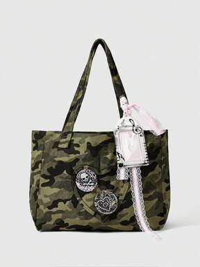 Kawaii 1pc Olive Green Y2K Baddie Camo Pattern With Lace Musical Note Graphic Large Capacity Heart Tote Bag, Fashionable Minimalist Women's Shoulder Bag Suitable For Daily Commute, School, Date, Shopping, Travel And Other Occasions