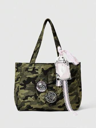 Kawaii 1 Stück olivgrüne Y2K Baddie Camouflage Muster mit Spitze Musiknoten Grafik Große Kapazität Herz Tragetasche, modischer minimalistischer Damen Schultertasche geeignet für täglichen Pendlerverkehr, Schule, Date, Einkaufen, Reisen und andere Anlässe