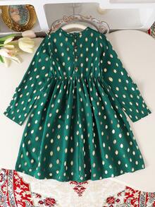 少女绿色金属波点高档金箔饰边圆领长袖收腰连衣裙，中东风格，奢华时尚长裙 - 綠色 - 查看 5