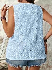 SHEIN LUNE Plus Size Casual Baby Blue Knitted Semi-Sheer Tank Top With Eyelet Embroidery Round Neck Long Length And Regular Hem - Baby Blue - View 2