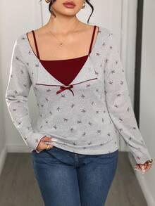 Modelyn Plus Size Women Bow Print 2 In 1 Long Sleeve Casual T-Shirt Gym Brown Autumn - Grey - View 4