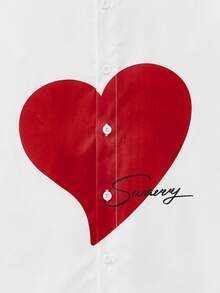 SWAVVY Men's Woven Letter & Heart Print Short Sleeve Single-Breasted Casual Shirt - White - View 3