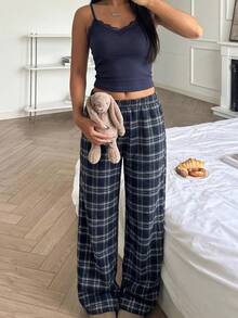 Conjunto de ropa de estar en casa para adolescentes con camiseta de tirantes de encaje con cuello en V de color contrastante y pantalones a cuadros - Multicolor - Ver 6