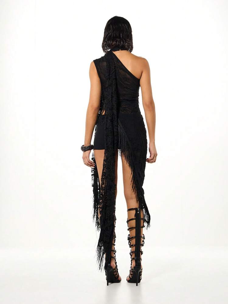 SUMWON WOMEN Lace One Shoulder Top With Fringe