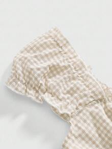 ROMWE Kawaii Đầm sơ mi kẻ caro dáng chữ A cổ vuông trang trí nơ dễ thương - Màu be - Xem 3