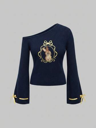 Kawaii Sexy Asymmetrical Shoulder Bowknot Rabbit Embroidery Pullover Sweater