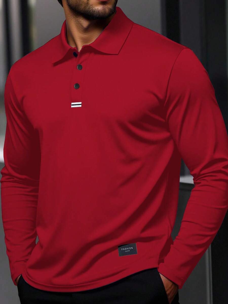Manfinity Homme Áo Polo dài tay cài nửa khuy dành cho nam cỡ lớn, kiểu dáng thường ngày. - Đỏ - Xem 1